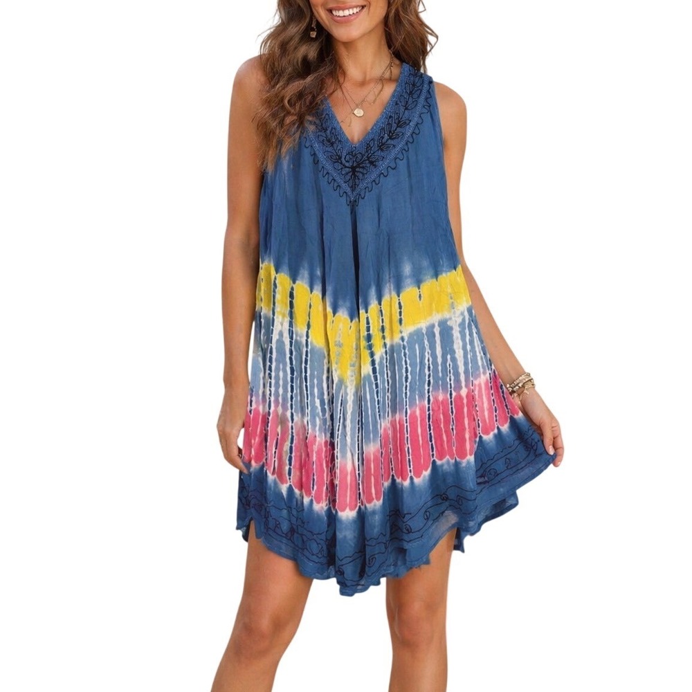 True Rock Sleeveless Blue Embroidered Tie‎ Dye Swing V-Neck Mini Dress Boho OS